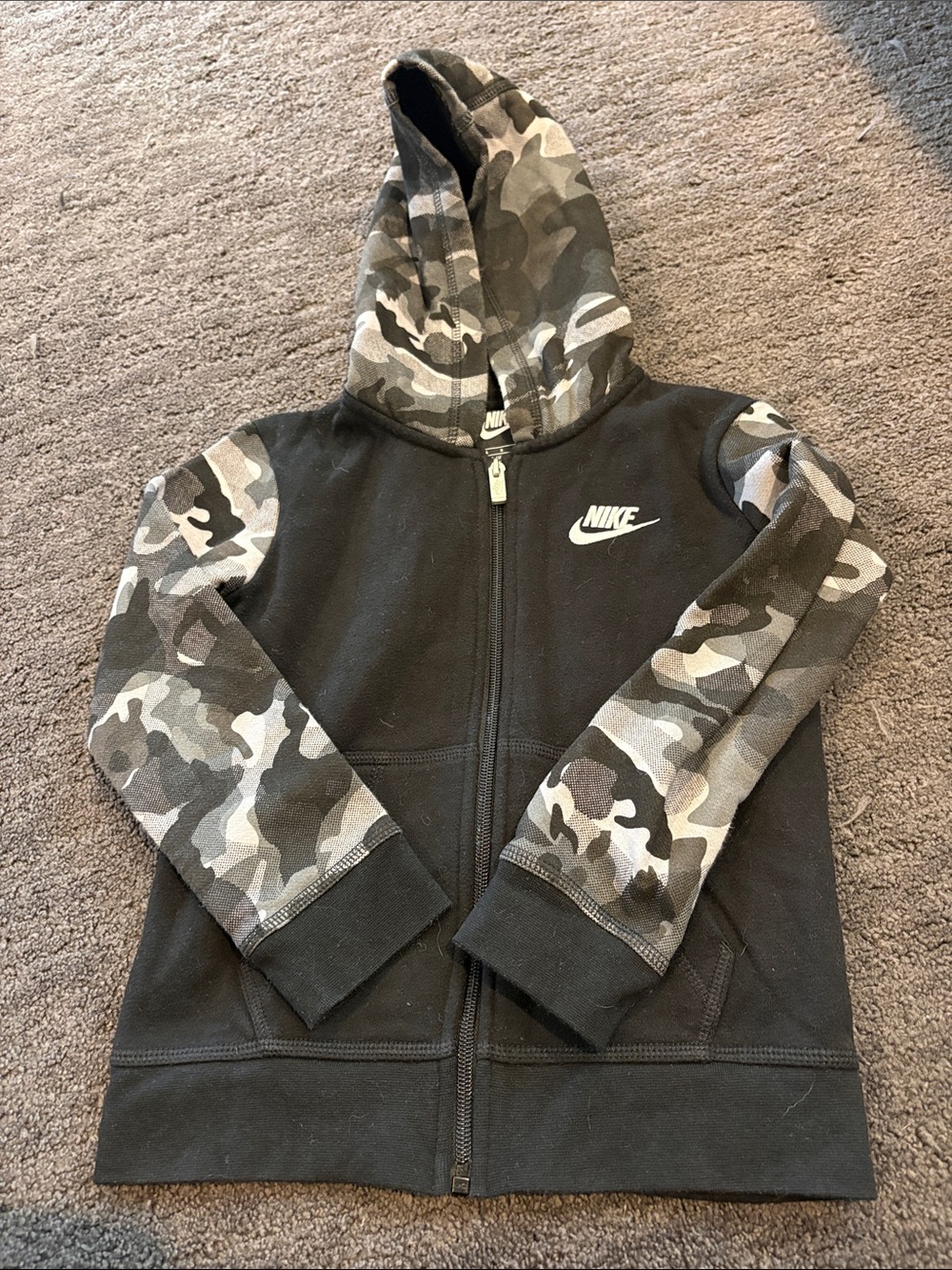 Nike Kids Black Hoodie with Gray Camo Sleeves